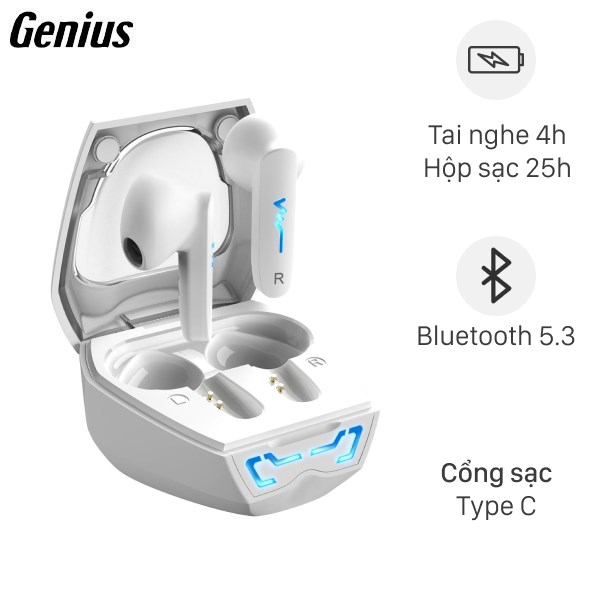 Genius HS-M920 Bluetooth 5.0 Earbuds with LED light, Noise Reduction (White)
